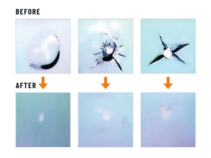 Three windshield chips before repair and the same spots after repair