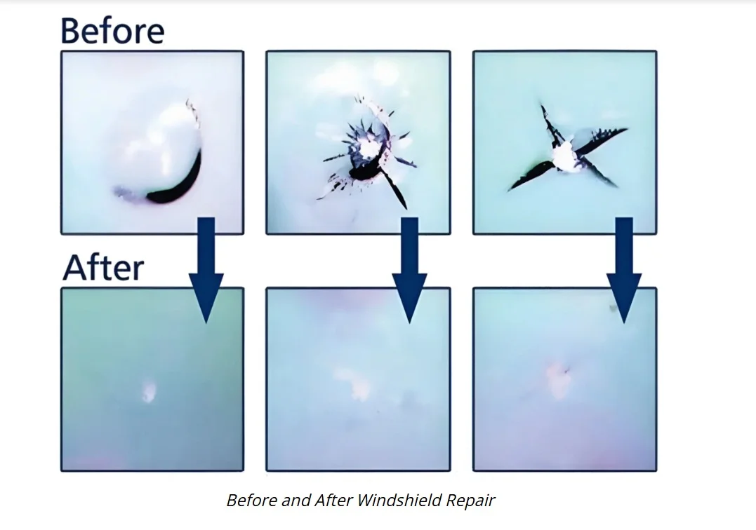 Before and after examples of windshield chip repair