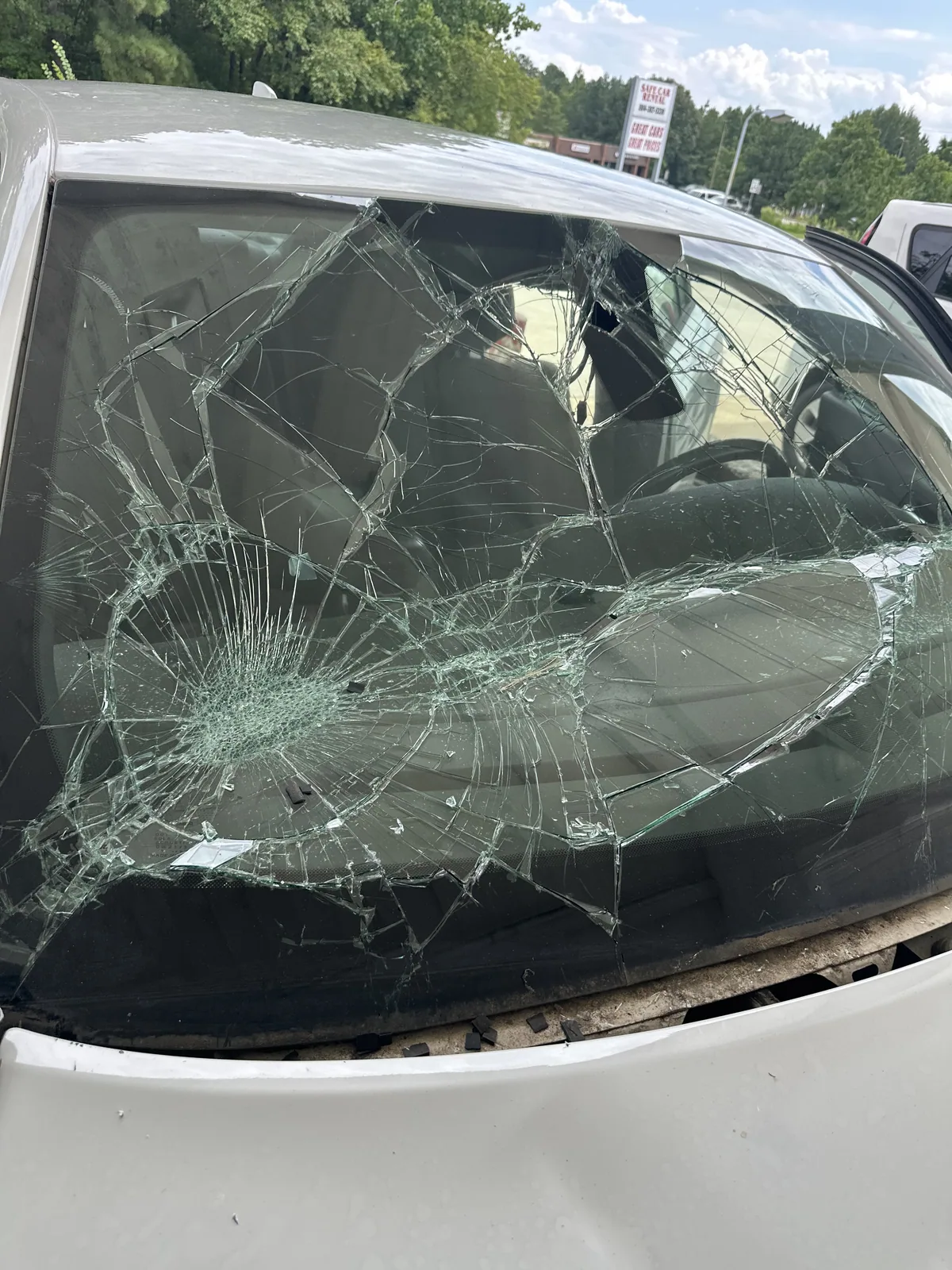 Windshield smashed by an impact, cracked across the whole panel