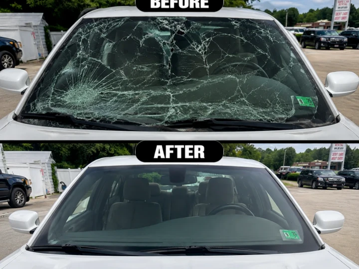 Before and after photos of a windshield replacement