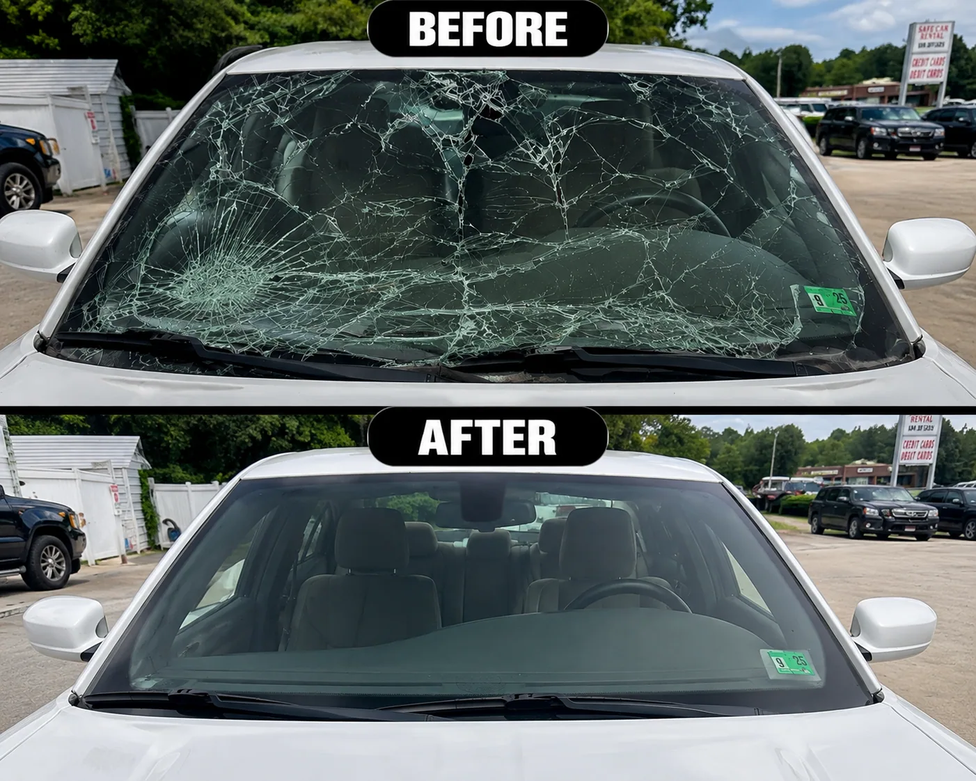 Before and after photos of a windshield replacement
